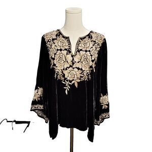 Johnny Was Ollena Floral-Embroidered Velvet Top XL Silk Blend Flowy
